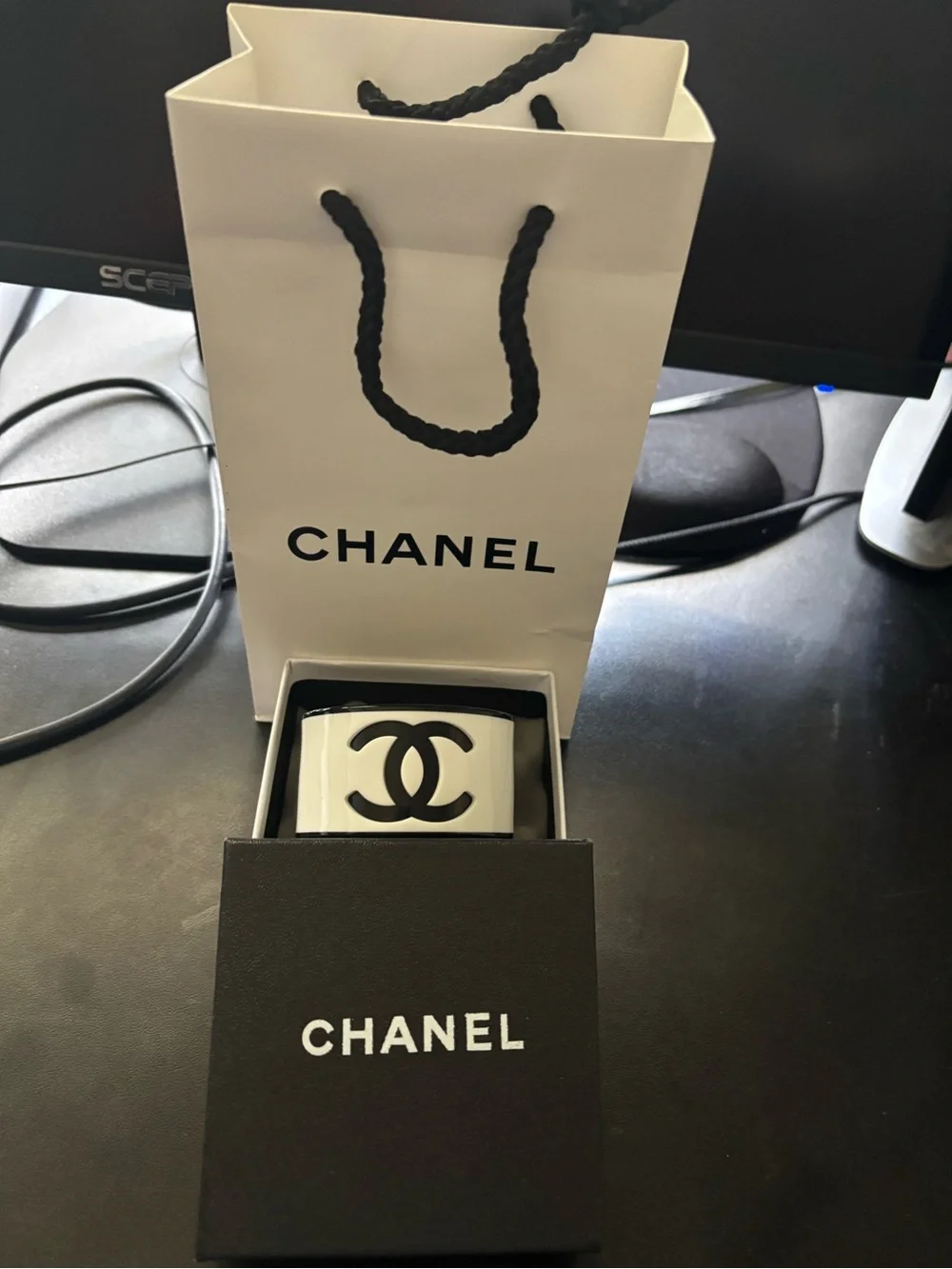 CHANEL White and Black CC Cutout Cuff Bracelet